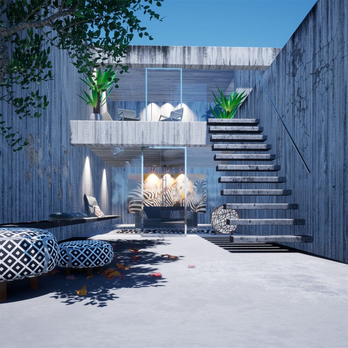 Render — فناء داخلي بخرسانة ظاهرة من شغل مهندسينا